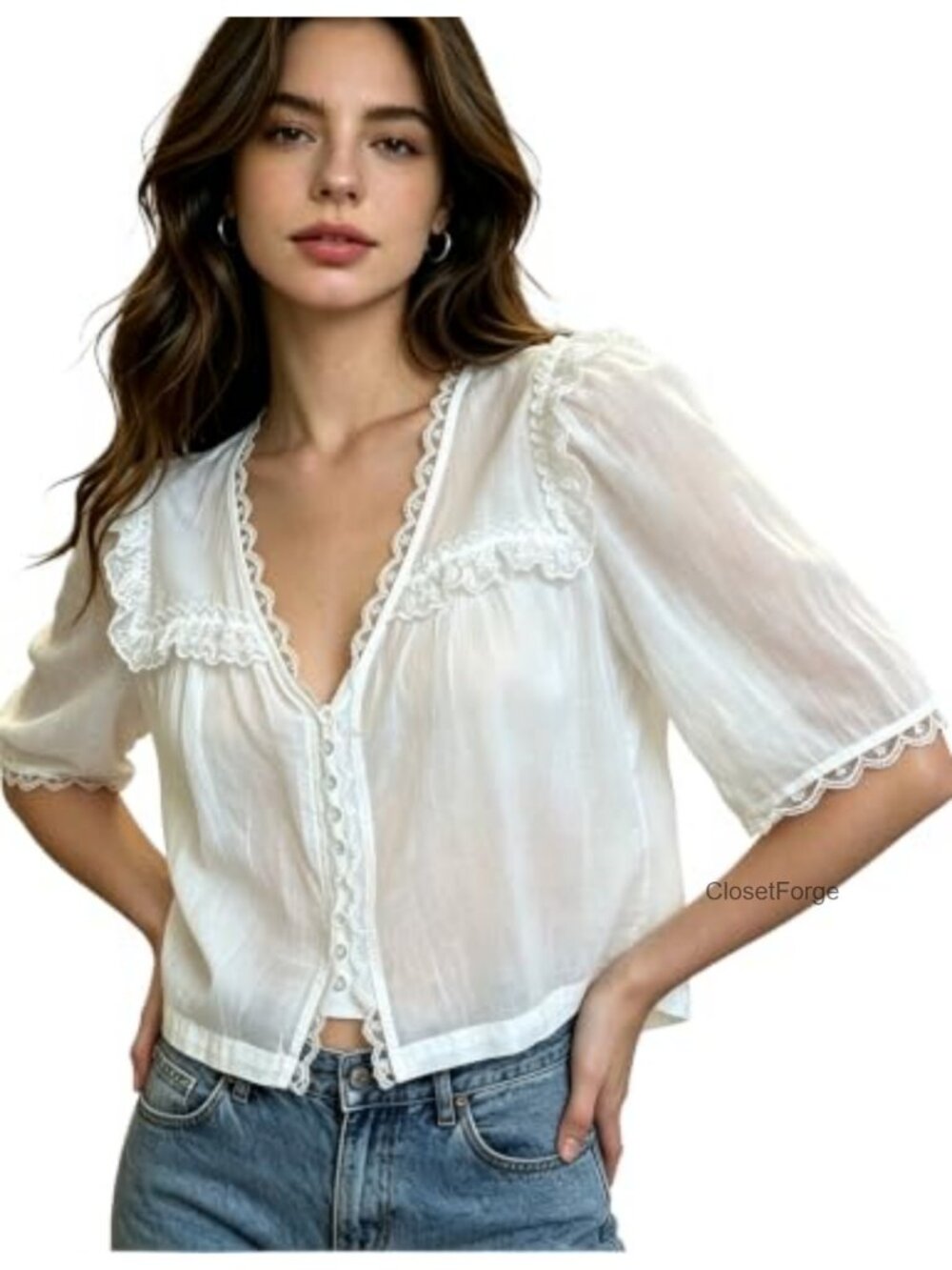 Women's White Lace Boho Blouse Half Sleeve V-Neck Ruffle Cotton Button Down